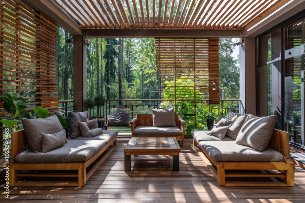 A patio with a black awning and a green roof, generative ai image A patio with a black awning and a green roof, generative ai image