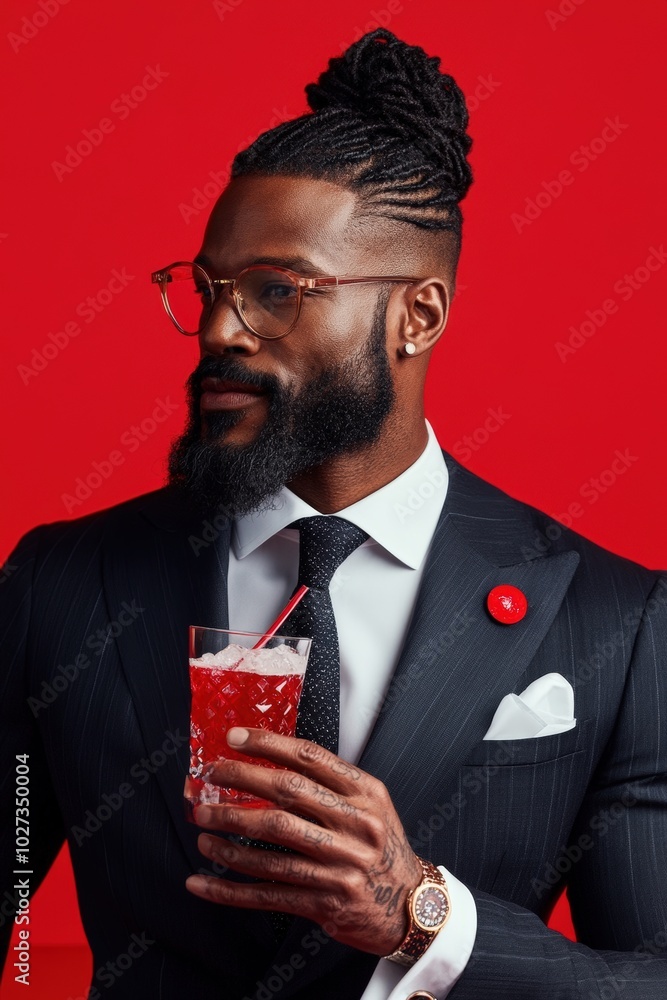Stylish man with glasses holding a red drink and wearing a suit against a red background Stylish man with glasses holding a red drink and wearing a suit against a red background