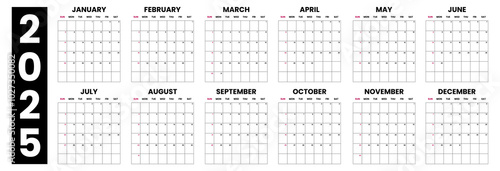 Calendar 2025 Set Simple Plan Layout. Planner diary in minimalist style. Corporate and business calendar. 2025 calendar in minimal style