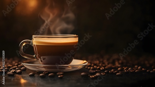 Steaming cup of espresso with scattered coffee beans on a black background, featuring rising steam and warm golden light for a rich, cozy coffee ambiance in high-contrast photography.