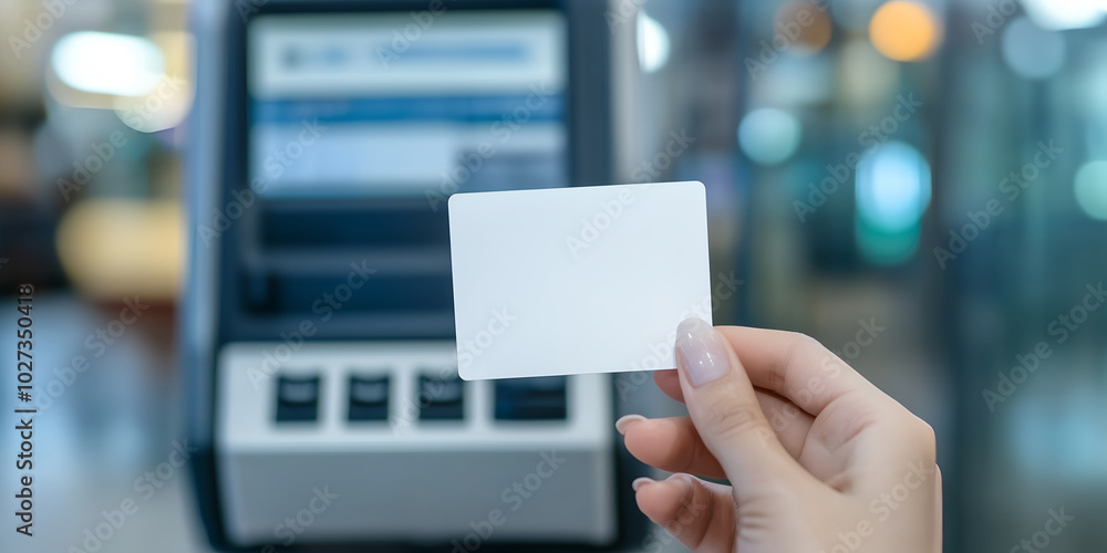 Woman hand holding blank business card with credit card reader machine blurred background. Woman hand holding blank business card with credit card reader machine blurred background.
