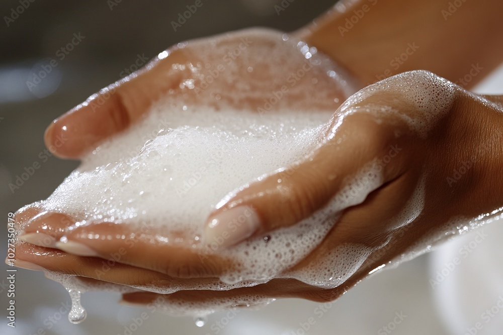 A close-up of hands with soap foam A close-up of hands with soap foam
