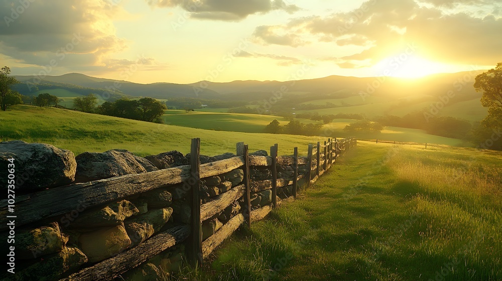 Obraz premium Rustic stone fence in a tranquil countryside setting with rolling hills and lush green fields, captured during golden hour for warm earthy tones and serene ambiance.