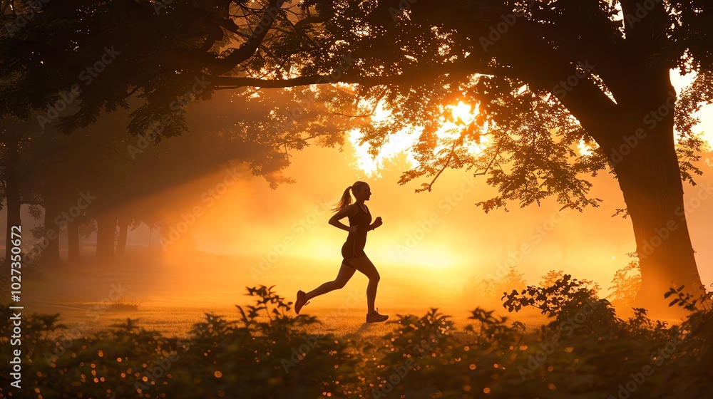 Fototapeta premium A woman running in the woods at sunrise.