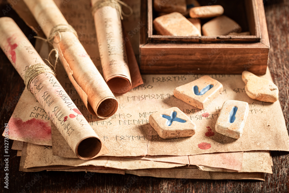 Futhark rune stones amd old scrolls as a mystical background Futhark rune stones amd old scrolls as a mystical background
