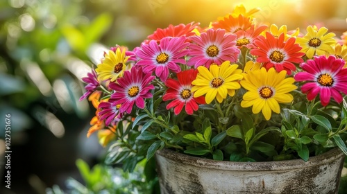 Wallpaper Mural Vibrant Multicolored Flowers Blooming in a Rustic Pot Torontodigital.ca