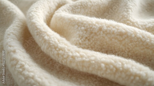 Close-up of a cream-colored wool blanket texture with soft folds and fluffy surface, emphasizing cozy warmth, natural fibers, and a tactile comfort in its minimalist composition.