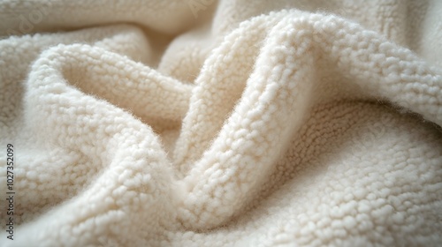 Close-up of a cream-colored wool blanket texture with soft folds and fluffy surface, emphasizing cozy warmth, natural fibers, and a tactile comfort in its minimalist composition.