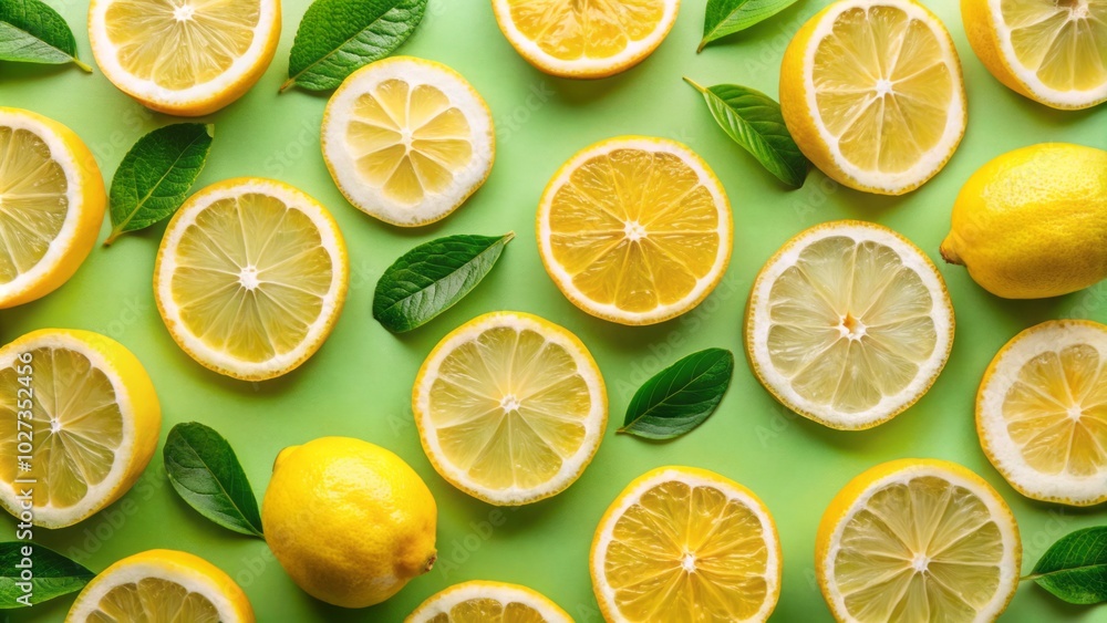 Obraz premium Vibrant close-up photography featuring fresh lemon slices against a light green background, showcasing the lively and zesty essence of citrus fruits in stunning detail.