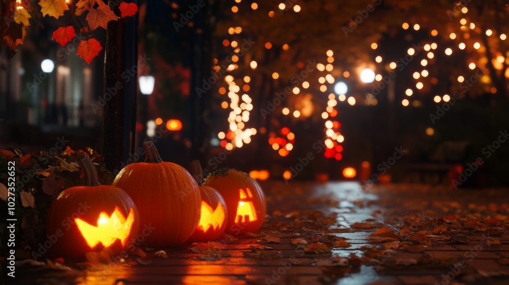 Fototapeta premium A nighttime shot of glowing pumpkins illuminating a city sidewalk, with fall decorations softly blurring into the background.