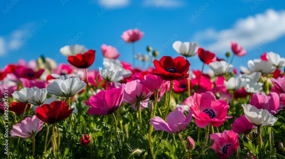 A Field of Pink, Red, and White Anemones with a Blue Sky Background A Field of Pink, Red, and White Anemones with a Blue Sky Background