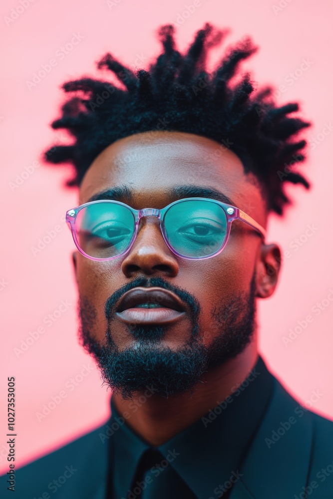 Portrait of a man with glasses in a black suit against a vibrant pink background Portrait of a man with glasses in a black suit against a vibrant pink background