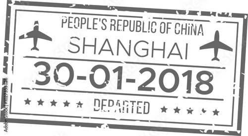This visual depicts a departure stamp from Shanghai China showing the date January 30 2018 and symbols of airplanes reflecting international travel and journey.