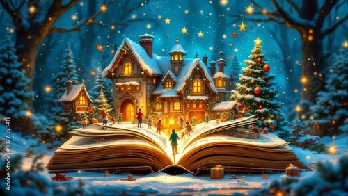 A magical winter scene with a large open book transforming into a festive village under a starry sky.