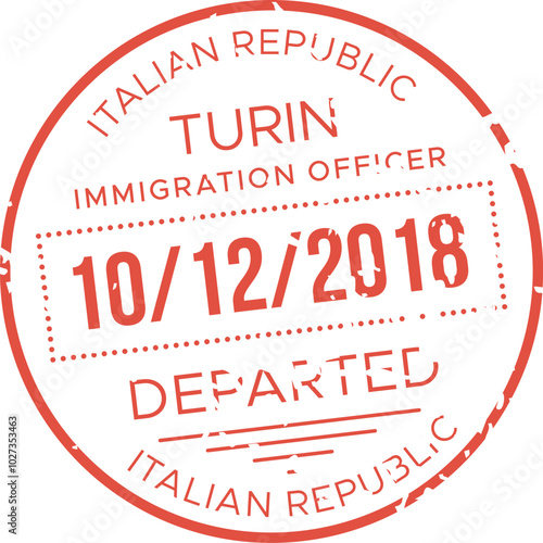 A red immigration stamp imprint marks the departure date of October 12 2018 from Italy issued in Turin by an immigration officer.