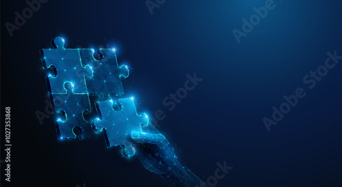 Abstract illustration of hand solving puzzle in low poly style. Blue geometric background depicting synergy partnership and business teamwork concept by wireframe connection structure