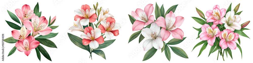 a collection of Alstroemeria, pink and white, watercolor with lush green leaves. a collection of Alstroemeria, pink and white, watercolor with lush green leaves.