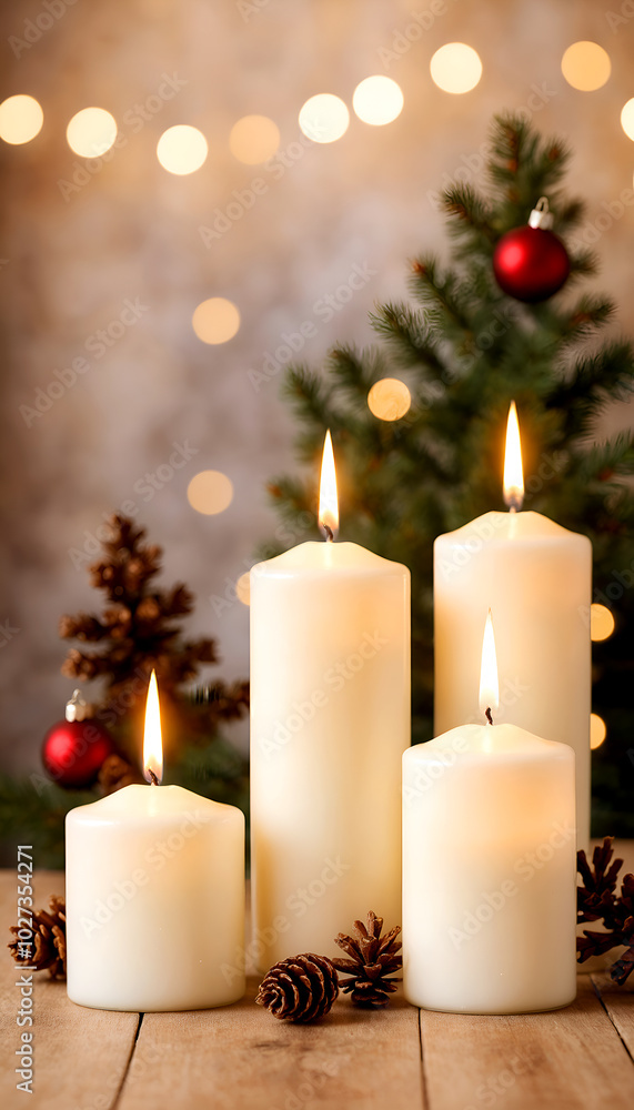 Christmas decoration with candles and blur bokeh light in the background
Christmas decoration with candles and blur bokeh light in the background