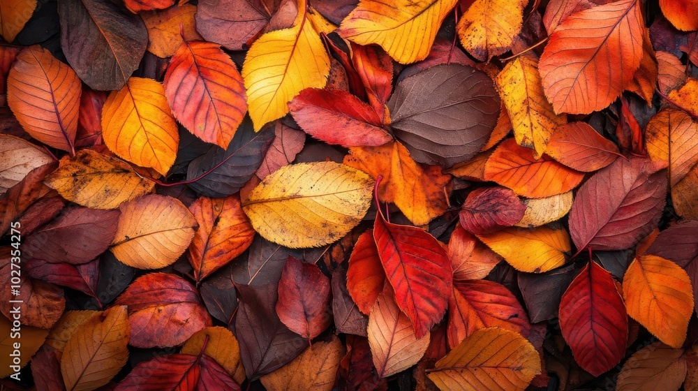 Fall leaves on the ground, with vibrant red and orange colors, captured in a close-up, high-resolution photograph Fall leaves on the ground, with vibrant red and orange colors, captured in a close-up, high-resolution photograph