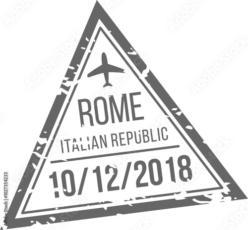 A travel stamp showcases the date of October 12 2018 along with the name Rome and a silhouette of an airplane representing travel to Italy.