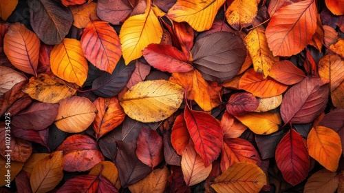 Fall leaves on the ground, with vibrant red and orange colors, captured in a close-up, high-resolution photograph