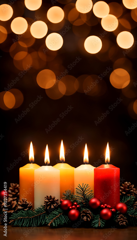 Christmas decoration with candles and blur bokeh light in the background
Christmas decoration with candles and blur bokeh light in the background