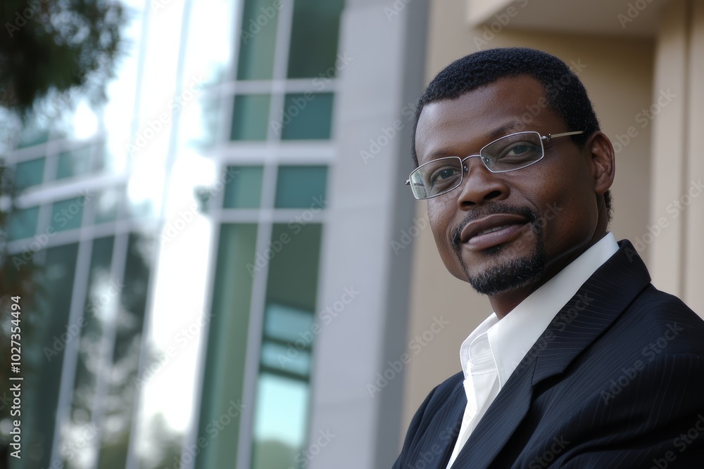A well-dressed man with glasses stands confidently outside a contemporary office setting, showcasing a professional demeanor