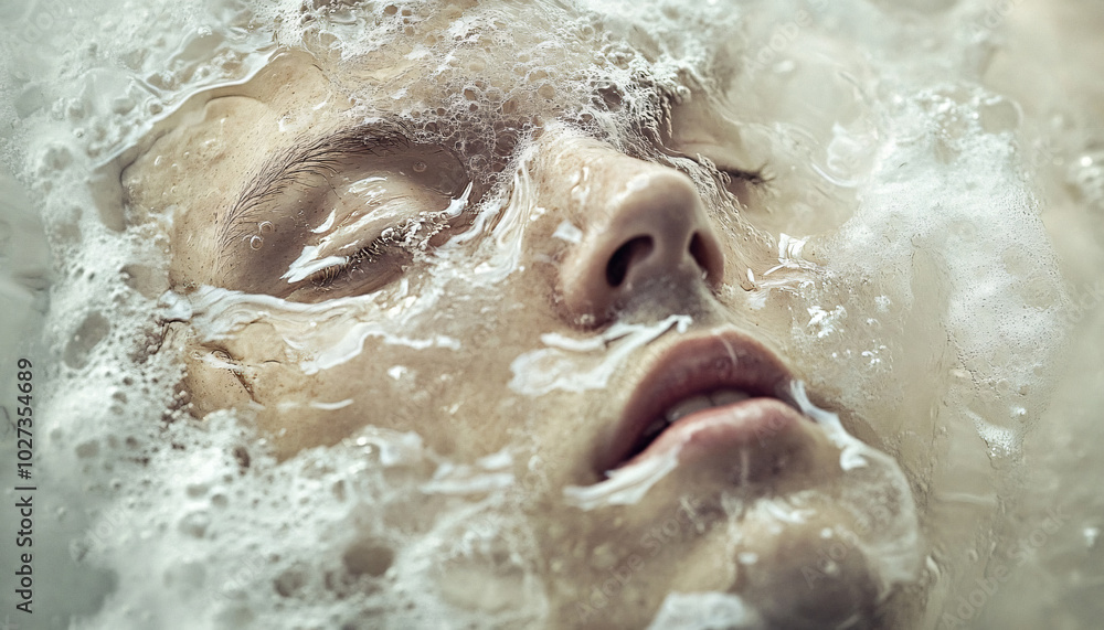 Fototapeta premium Photograph individuals partially submerged in thick, clear liquids like syrup or gel, giving the illusion that they are floating or frozen in time, creating an eerie, otherworldly effect