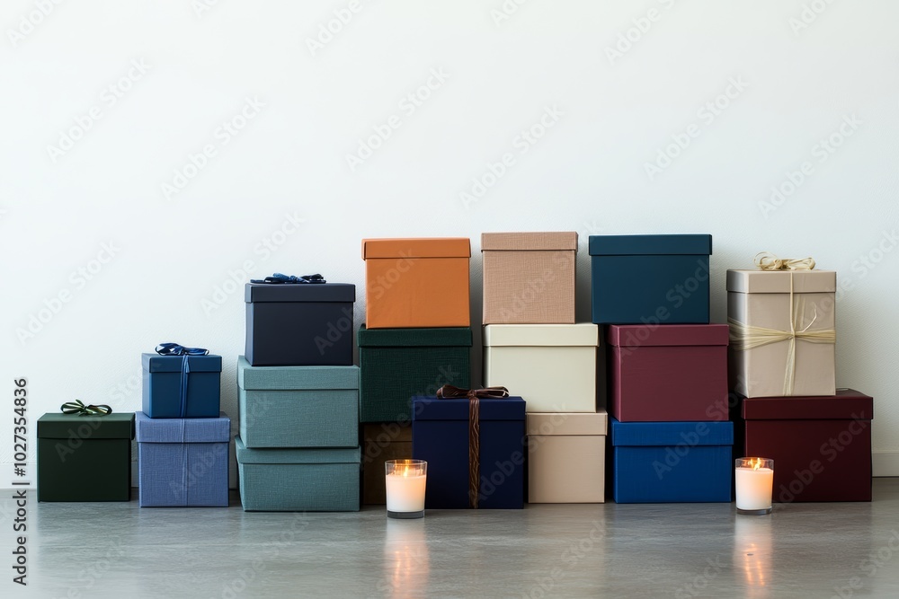A stylish arrangement of assorted gift boxes in various colors sits alongside lit candles, enhancing a warm and inviting ambiance A stylish arrangement of assorted gift boxes in various colors sits alongside lit candles, enhancing a warm and inviting ambiance