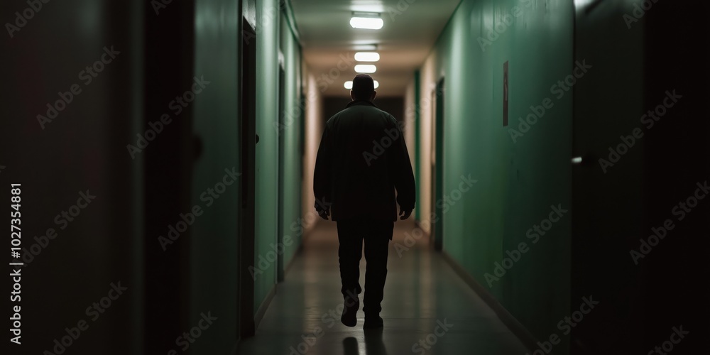 A solitary silhouette walks down a long, dimly lit hallway, evoking feelings of isolation and mystery as bright lights at intervals pierce the gloomy corridor. A solitary silhouette walks down a long, dimly lit hallway, evoking feelings of isolation and mystery as bright lights at intervals pierce the gloomy corridor.