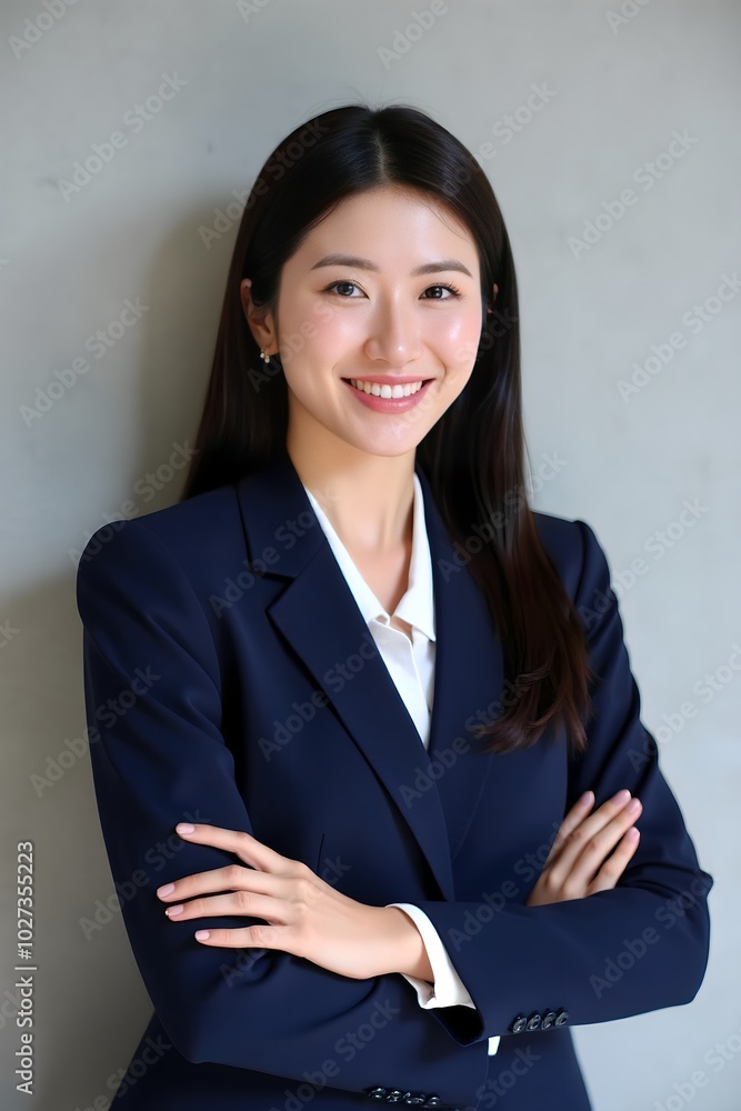 A young Asian woman with dark hair, wearing a dark blue suit and white shirt, smiles confidently office wall background A young Asian woman with dark hair, wearing a dark blue suit and white shirt, smiles confidently office wall background