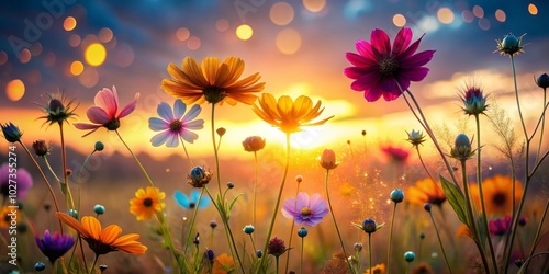 Vibrant wildflower silhouettes dance in nature's embrace, creating a seamless looping background animation that enchants with its colorful beauty and serene energy. photo