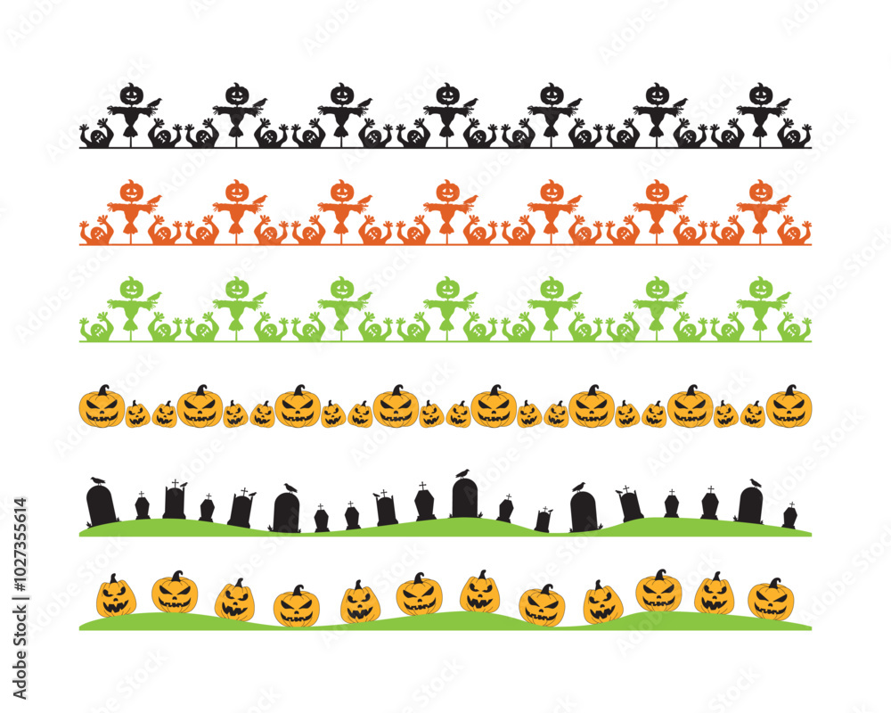 Fototapeta premium Decorative borders with various Halloween motifs including jack-o'-lanterns, scarecrows, and cemetery elements in different color schemes
