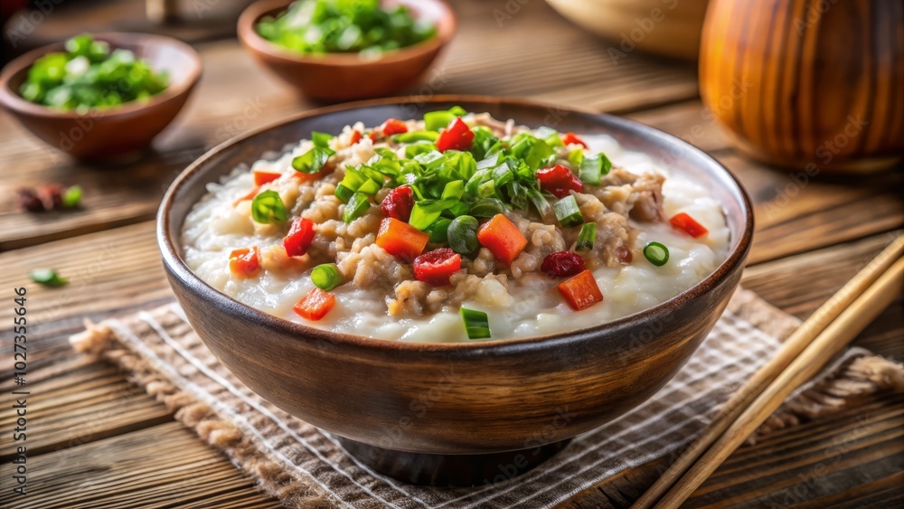 Warm and comforting rice porridge bowl topped with savory minced meat and fresh vegetables, perfect for a nourishing meal that delights the senses and satisfies cravings. Warm and comforting rice porridge bowl topped with savory minced meat and fresh vegetables, perfect for a nourishing meal that delights the senses and satisfies cravings.