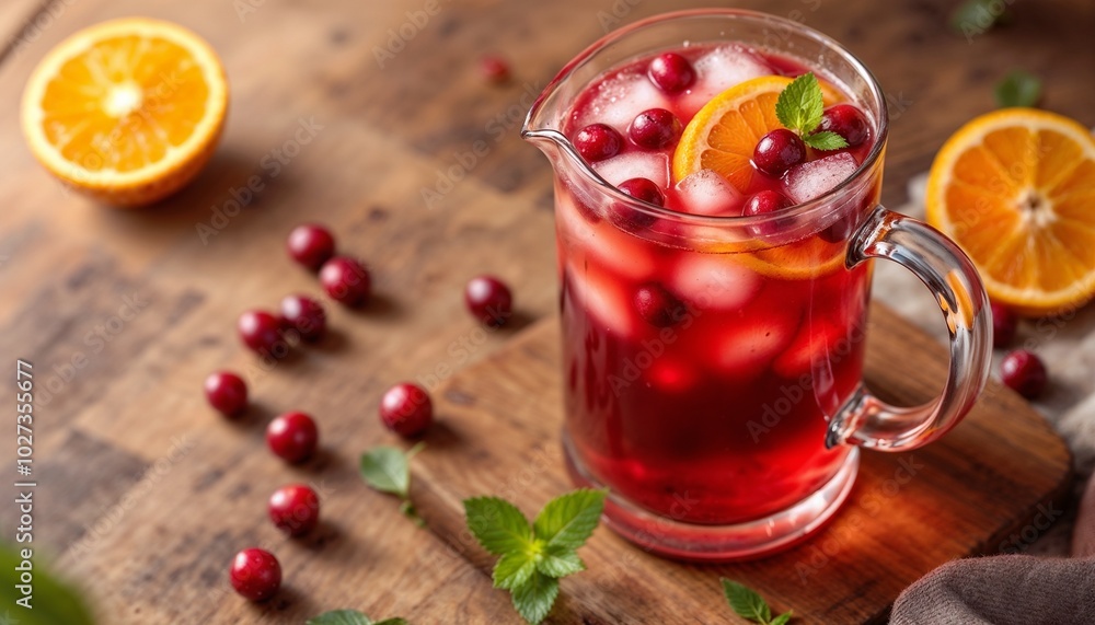 A glass pitcher filled with vibrant cranberry punch showcases floating cranberries and orange slices, enhanced by soft natural lighting. Perfect for gatherings. A glass pitcher filled with vibrant cranberry punch showcases floating cranberries and orange slices, enhanced by soft natural lighting. Perfect for gatherings.