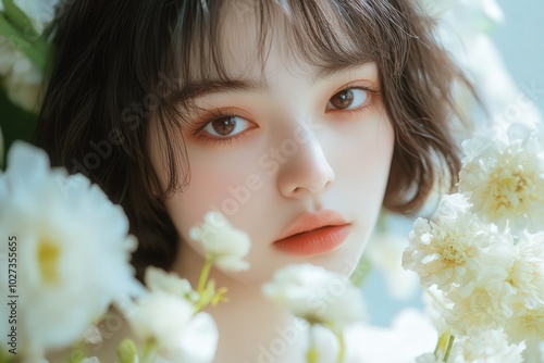 Portrait of a Young Woman Surrounded by Flowers