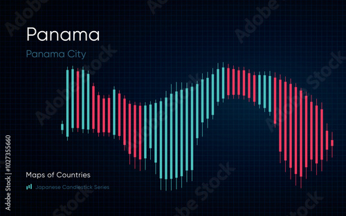 Panama map is shown in a chart with bars and lines. Japanese candlestick chart Series	