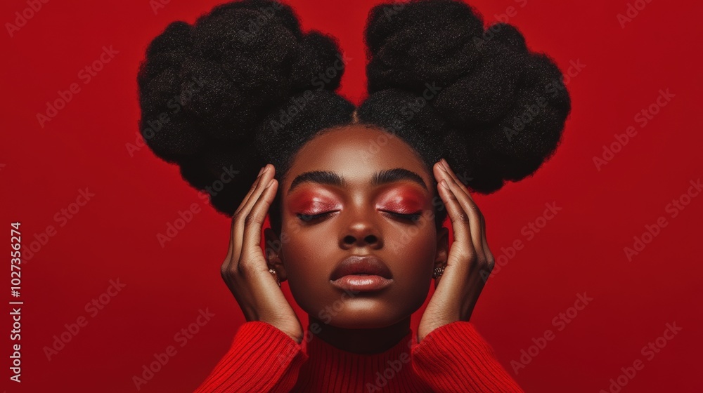 A woman with striking hair and makeup poses in front of a bold red background A woman with striking hair and makeup poses in front of a bold red background