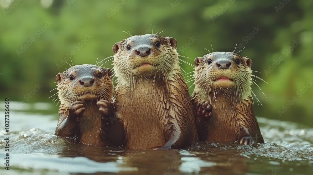 Trio of Playful River Otters in Crystal Clear Waters Trio of Playful River Otters in Crystal Clear Waters