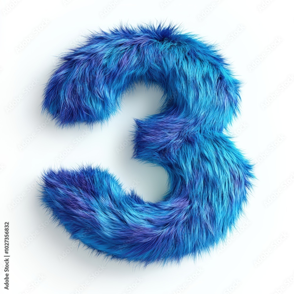 3D number 3 with blue fur texture realistic modern design, soft lighting, white background. 3D number 3 with blue fur texture realistic modern design, soft lighting, white background.