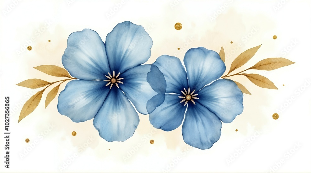 Watercolor Blue Flowers with Gold Leaves and Splashes Watercolor Blue Flowers with Gold Leaves and Splashes