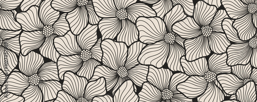 Hand drawn abstract floral seamless pattern. Flowers line art  background.
