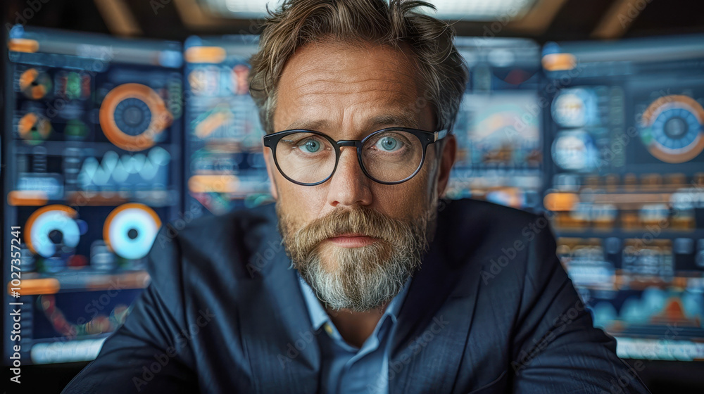 Focused stock trader analyzing financial data on multiple monitors Focused stock trader analyzing financial data on multiple monitors