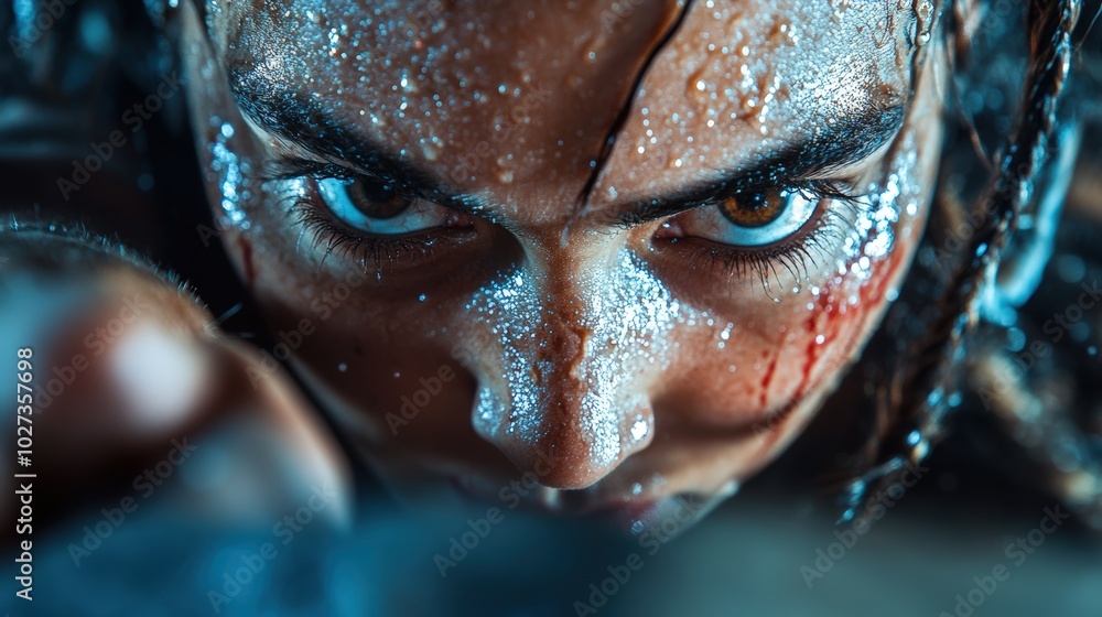 Intense close-up of a determined adventurer navigating a perilous challenge outdoors Intense close-up of a determined adventurer navigating a perilous challenge outdoors
