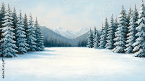 Winter Wonderland Snow Covered Pine Trees and Mountain Range Landscape