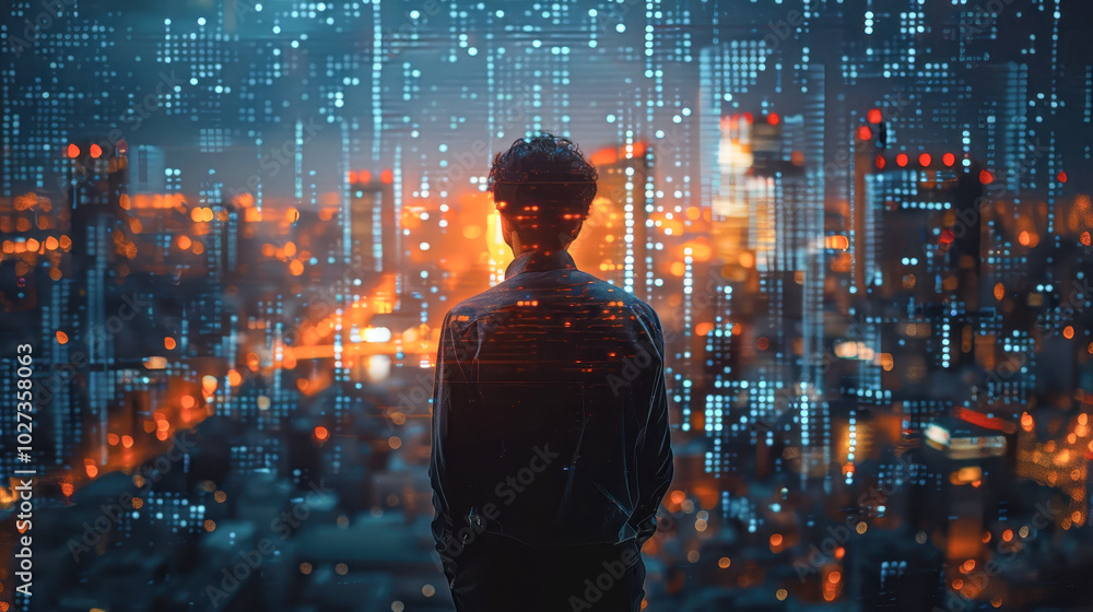 Focused stock trader analyzing financial data on multiple monitors Focused stock trader analyzing financial data on multiple monitors
