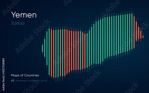 Yemen map shown in a chart with bars and lines. Japanese candlestick chart Series	