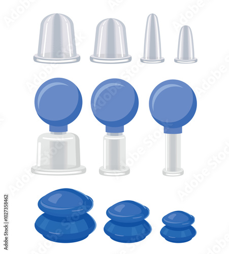 vacuum massage cups set. Vacuum cans with rubber bulb, Vacuum silicone cans, Silicone device for vacuum therapy. Massage jars for face and body. Medical anti-cellulite methods