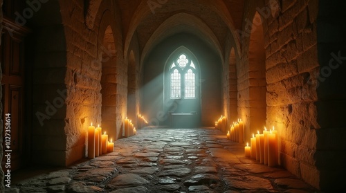 Stone Corridor with Candles and Light Streaming in From a Window