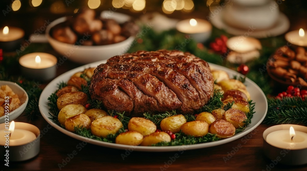 Roasted Meat Dinner with Potatoes and Candles Roasted Meat Dinner with Potatoes and Candles